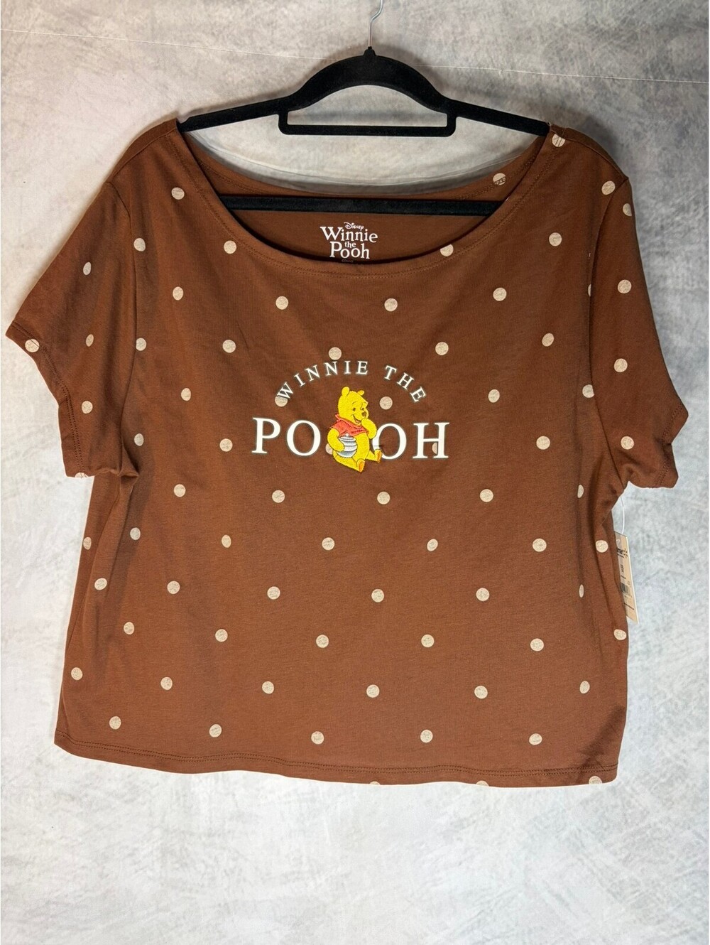 Disney Winnie the Pooh Women’s XXL 20 Brown Polka Dot Off Shoulder Shirt NWT